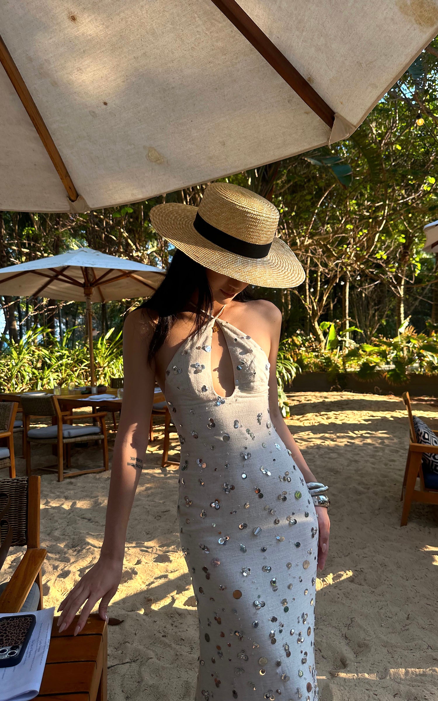 ROVENTE Sequin Halter Maxi Dress with Keyhole Front - PINKPARKS