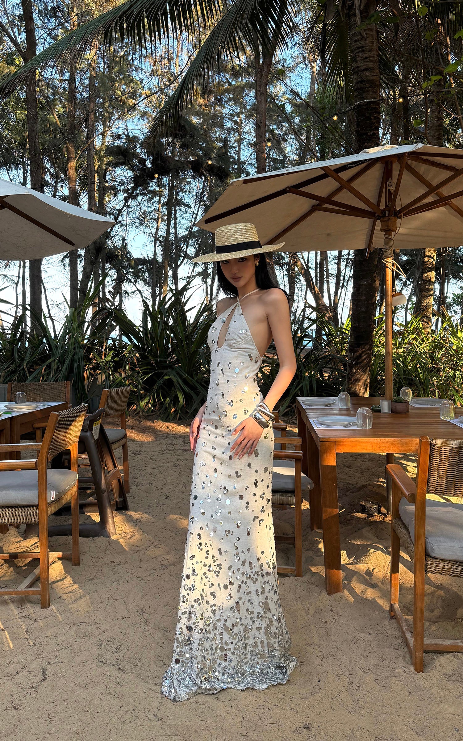 ROVENTE Sequin Halter Maxi Dress with Keyhole Front - PINKPARKS