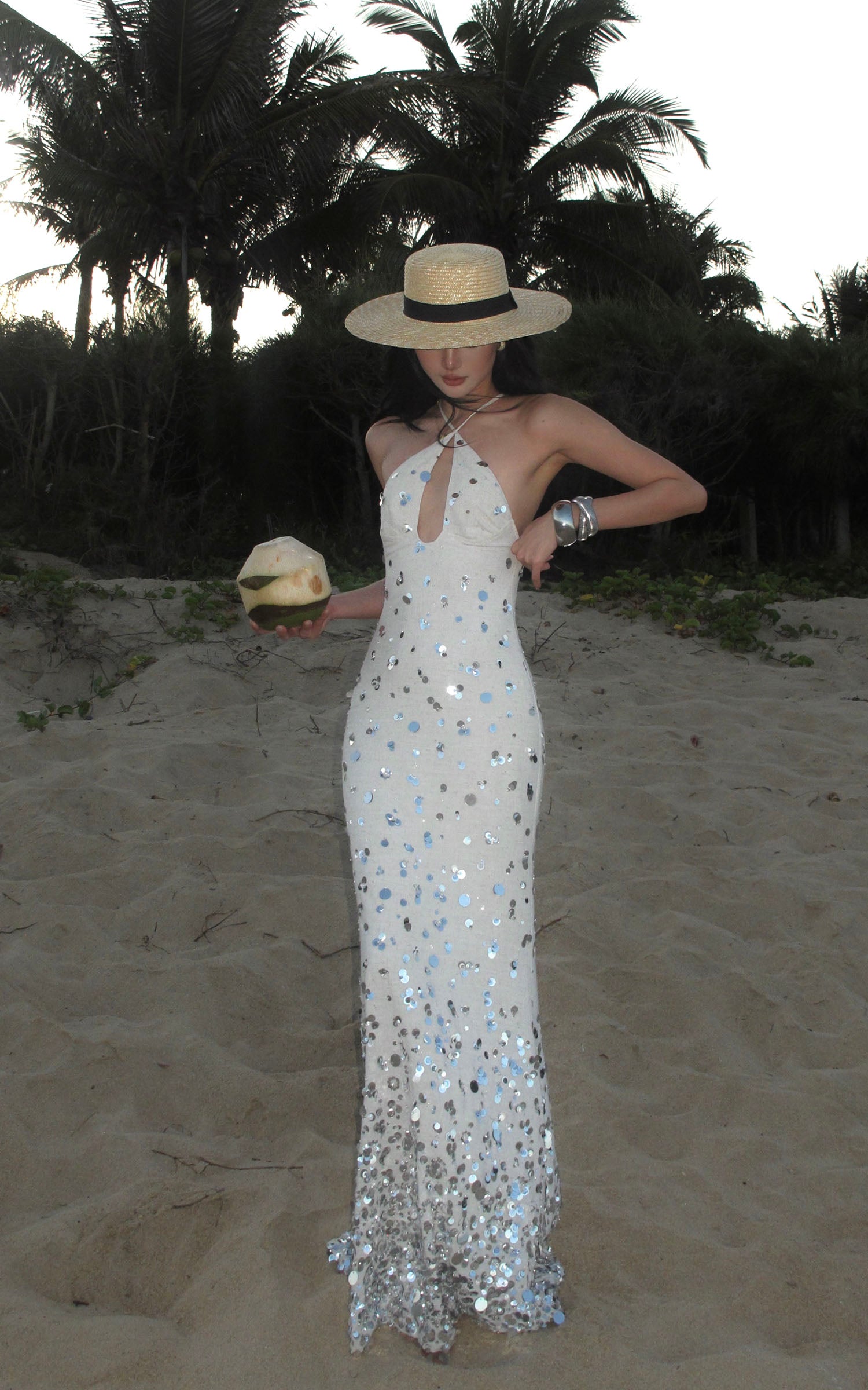 ROVENTE Sequin Halter Maxi Dress with Keyhole Front - PINKPARKS