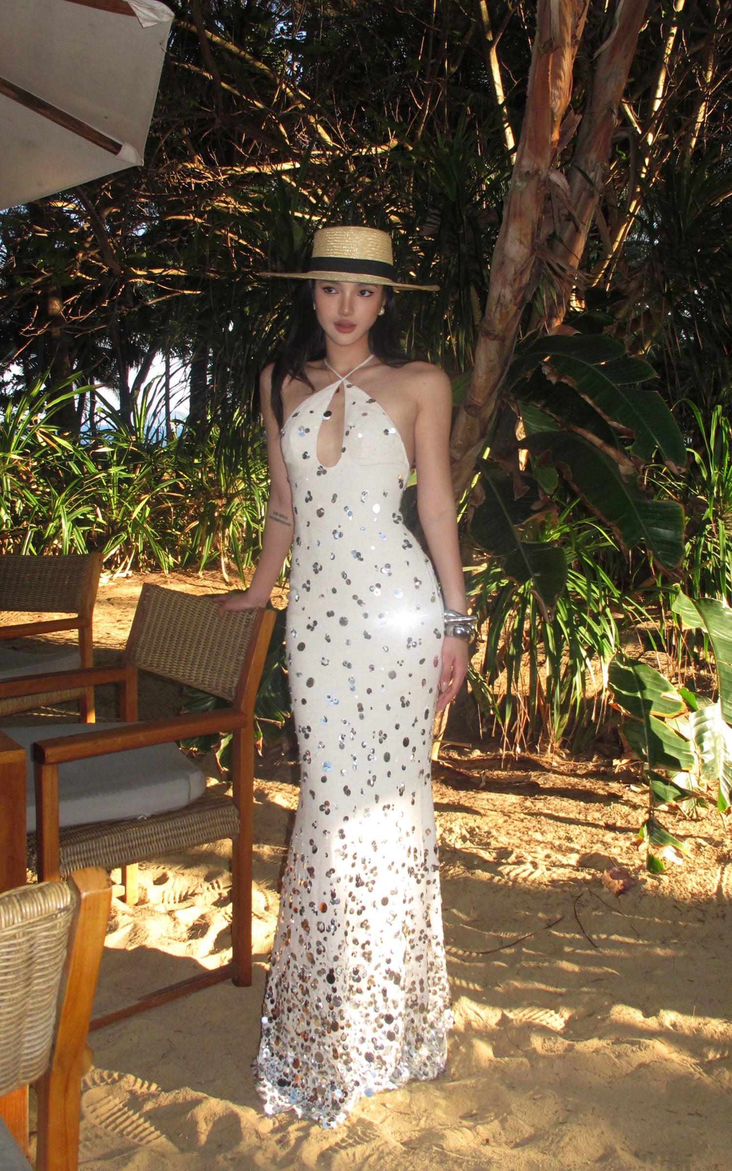 ROVENTE Sequin Halter Maxi Dress with Keyhole Front - PINKPARKS