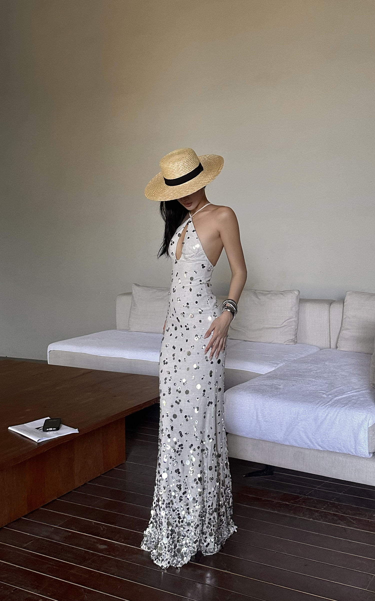 ROVENTE Sequin Halter Maxi Dress with Keyhole Front - PINKPARKS