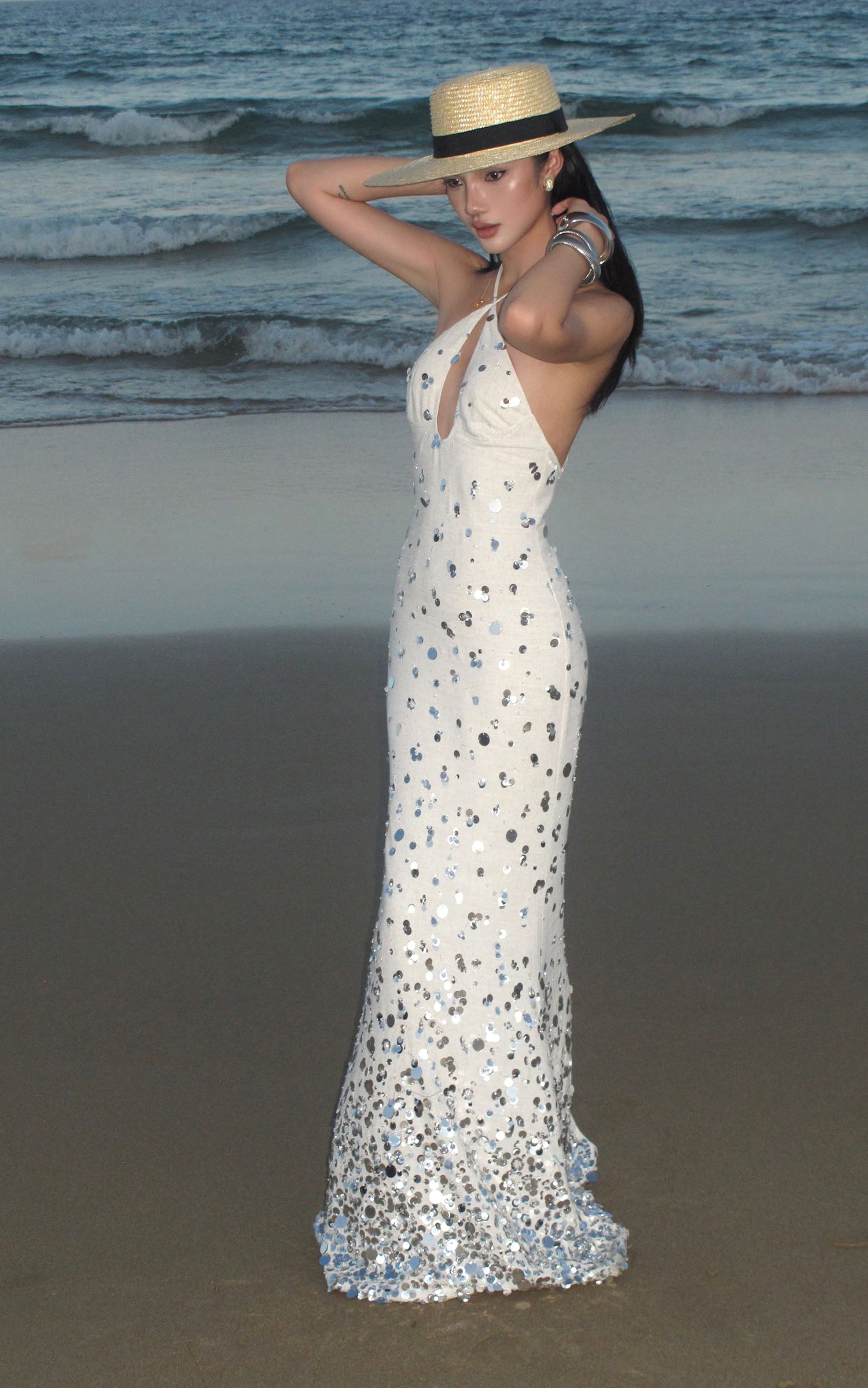 ROVENTE Sequin Halter Maxi Dress with Keyhole Front - PINKPARKS