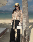 ROVENTE Sheer Leopard Blouse with Draped Tie & Rosette - PINKPARKS