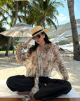 ROVENTE Sheer Leopard Blouse with Draped Tie & Rosette - PINKPARKS