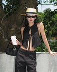 ROVENTE Backless Pinstripe Halter Vest with Front Tie in Black - PINKPARKS