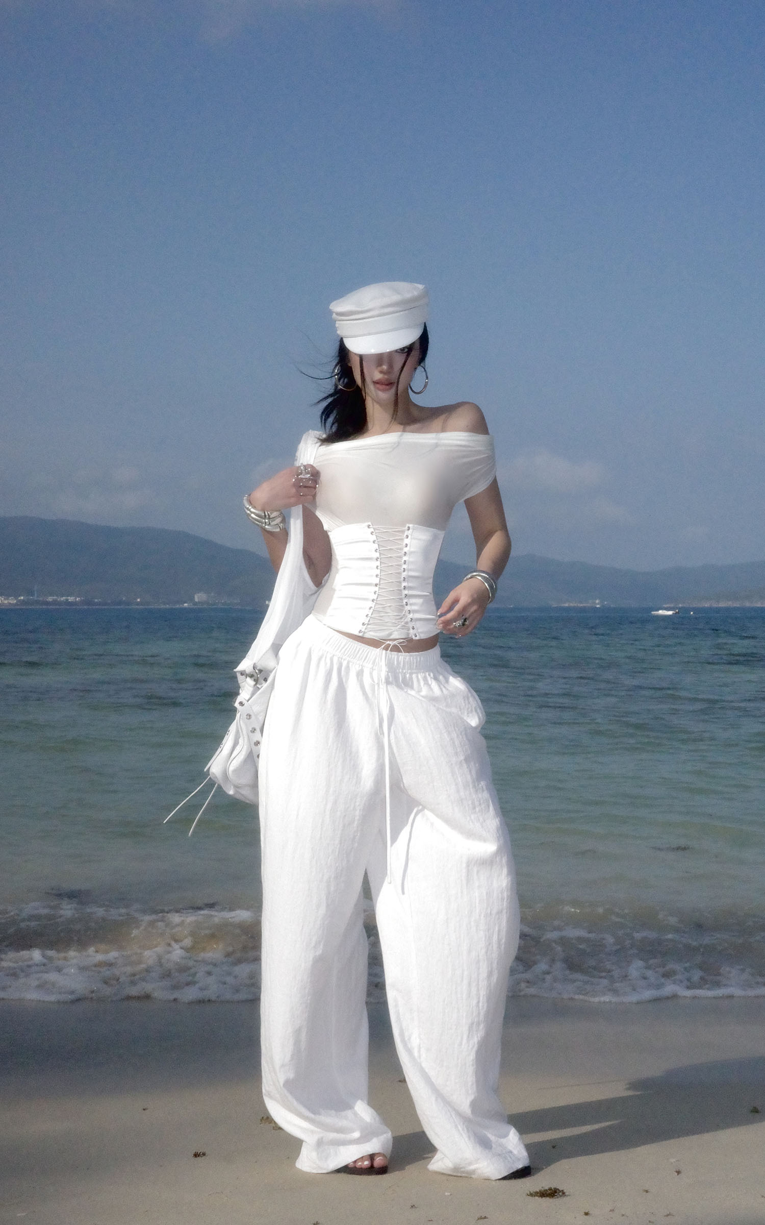 ROVENTE Off-Shoulder Corset Mesh Top in White - PINKPARKS