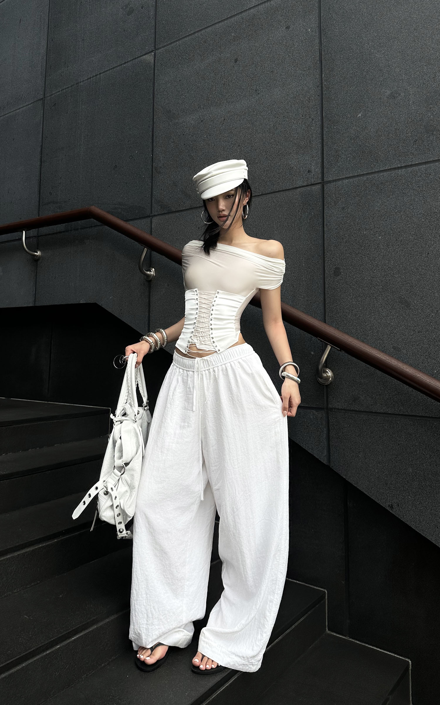 ROVENTE Off-Shoulder Corset Mesh Top in White - PINKPARKS