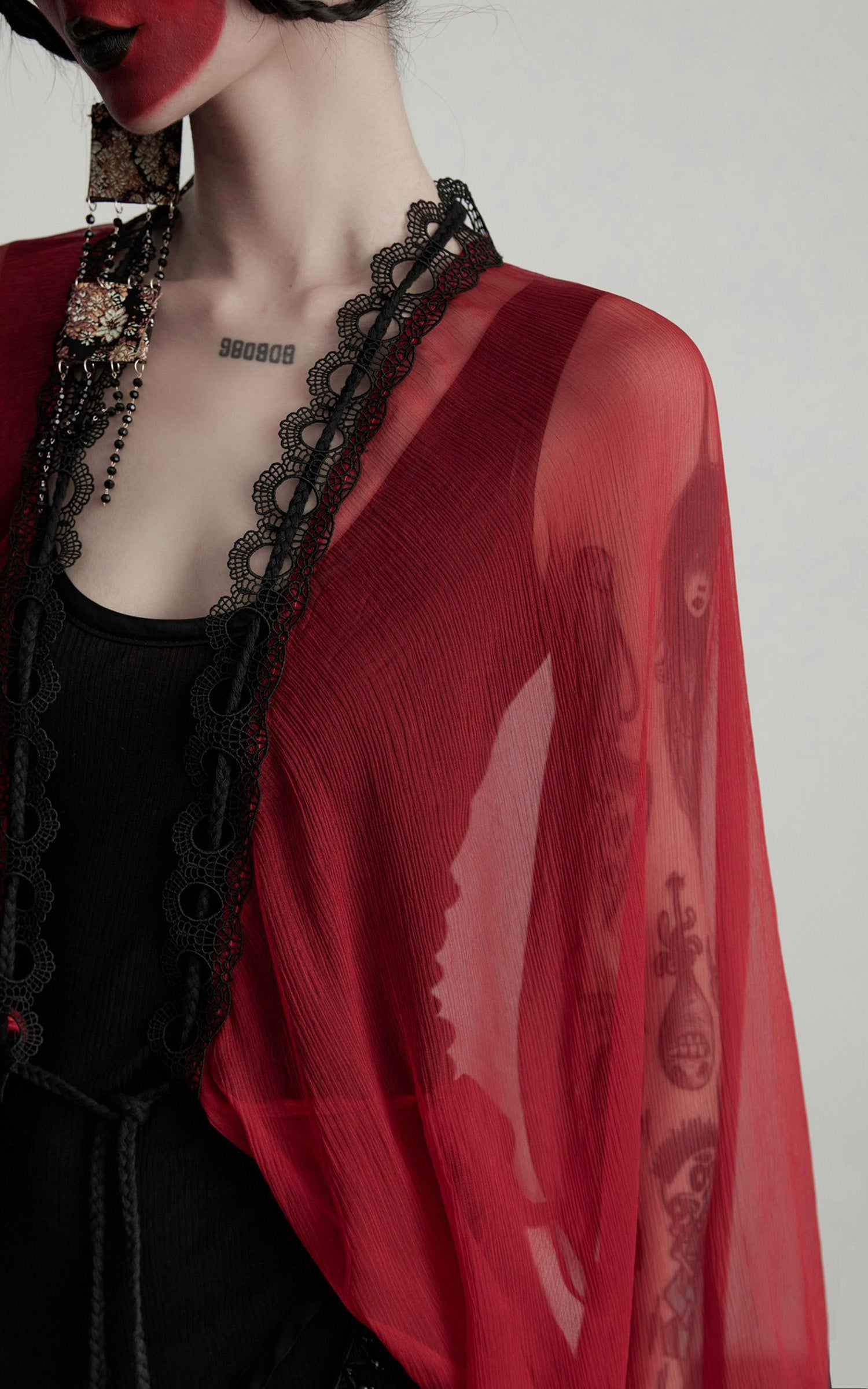 DOINDULGE Crimson Sheer Drape Jacket with Lace Trim and Beaded Tassels