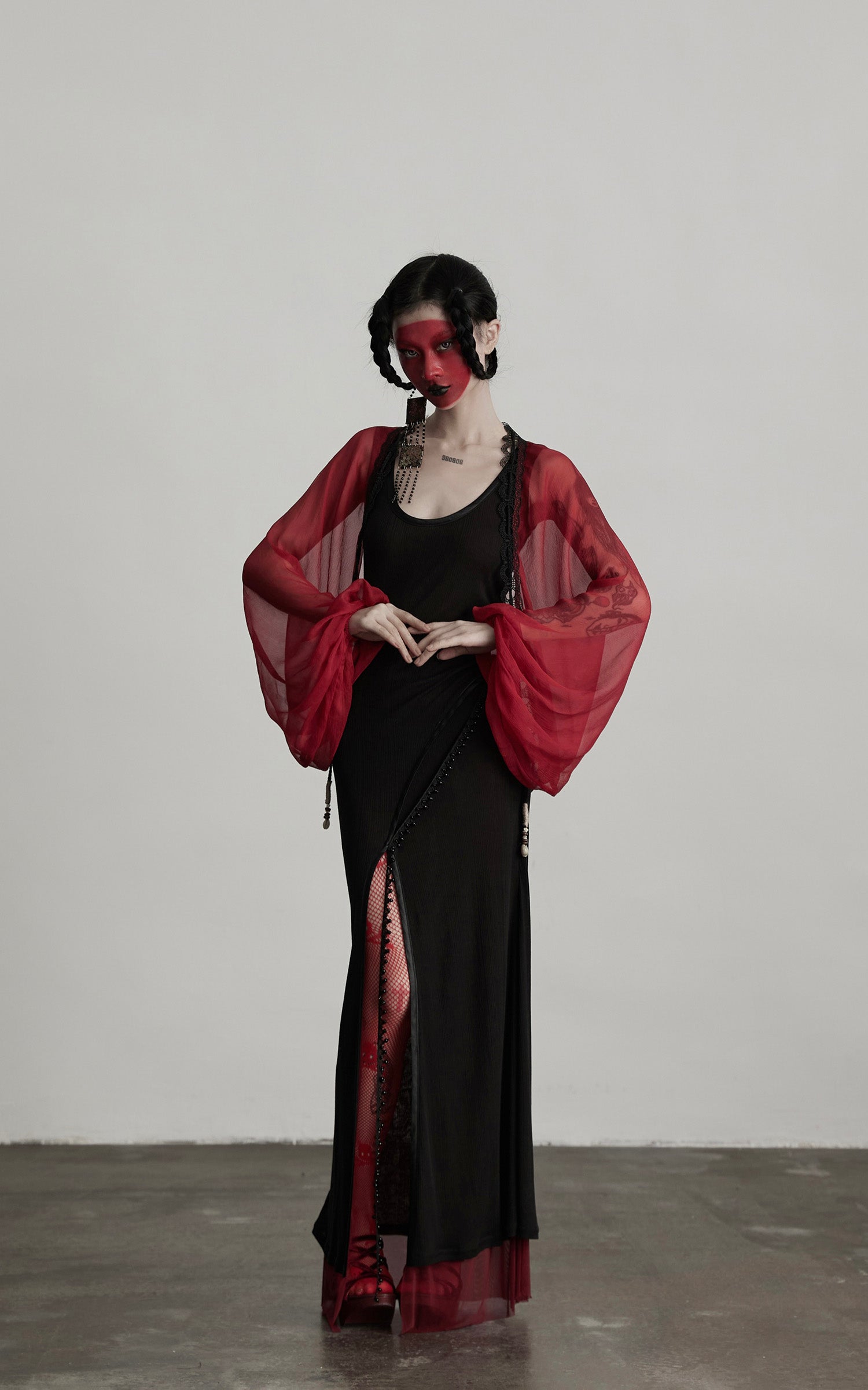 DOINDULGE Crimson Sheer Drape Jacket with Lace Trim and Beaded Tassels