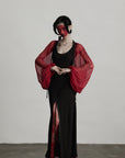 DOINDULGE Crimson Sheer Drape Jacket with Lace Trim and Beaded Tassels