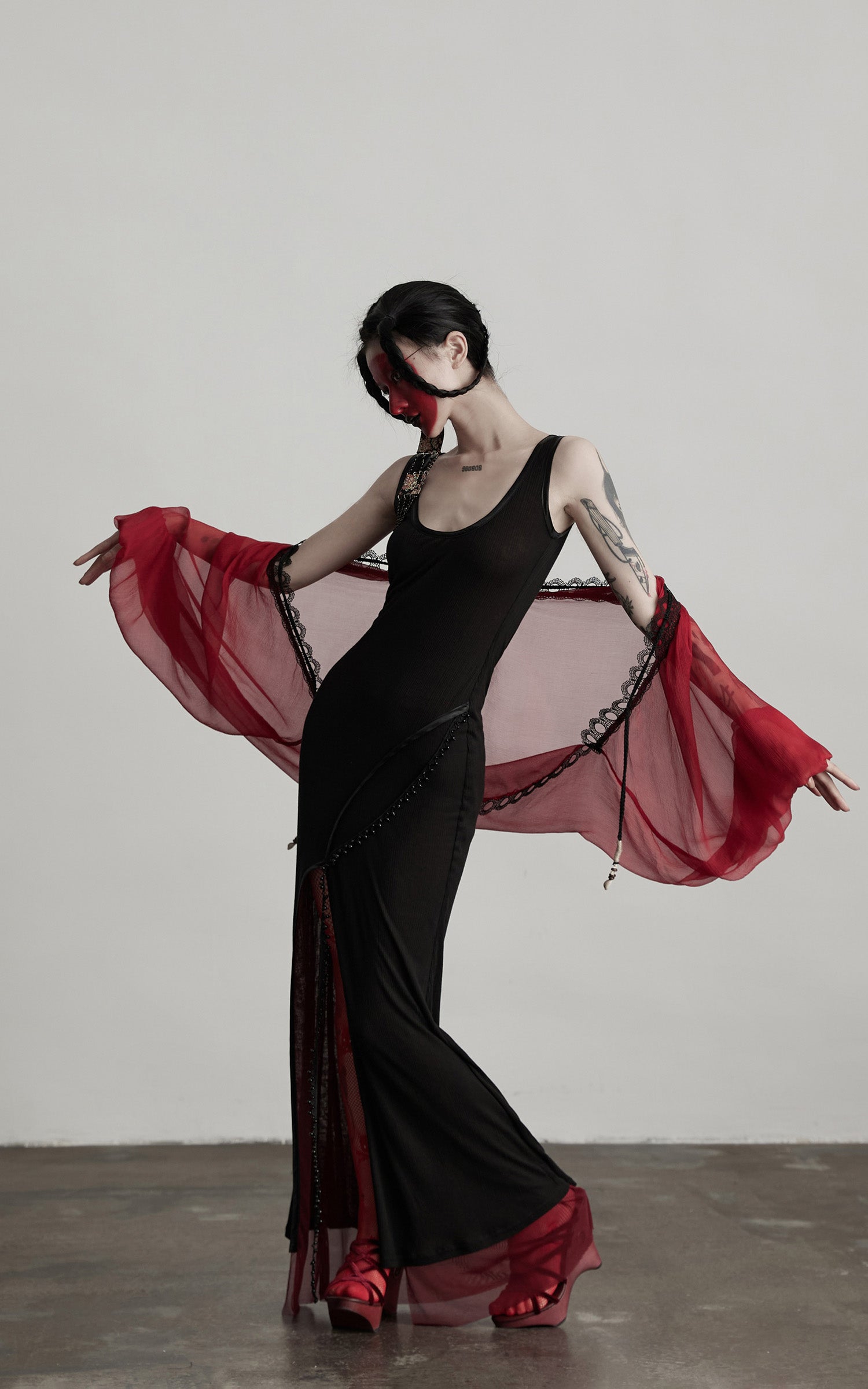 DOINDULGE Crimson Sheer Drape Jacket with Lace Trim and Beaded Tassels