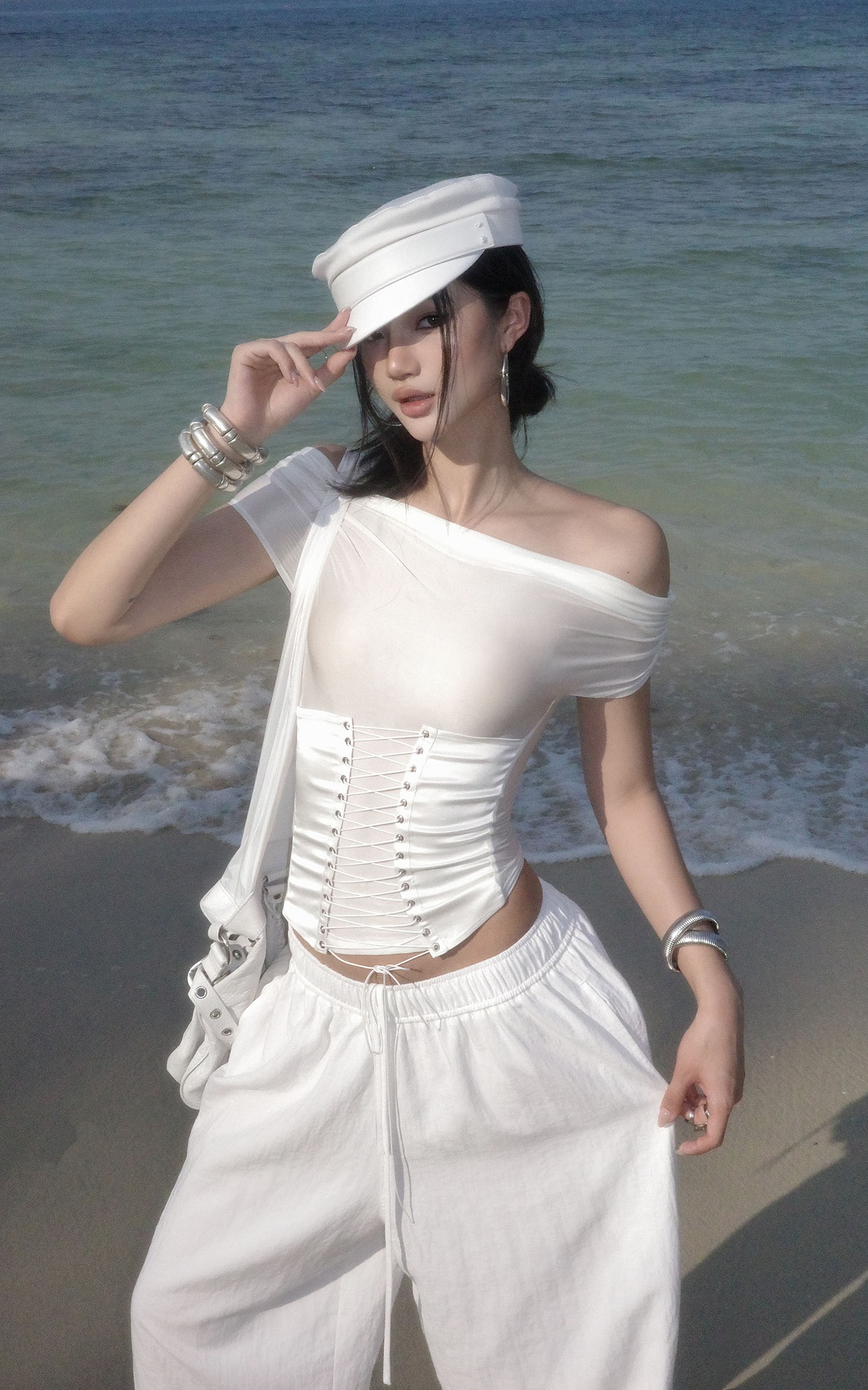 ROVENTE Off-Shoulder Corset Mesh Top in White - PINKPARKS