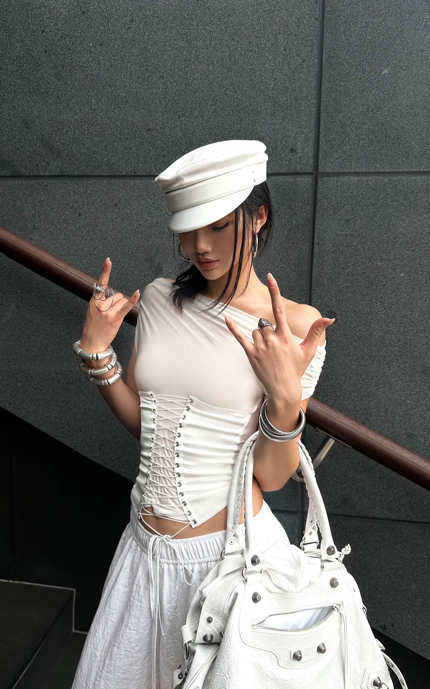 ROVENTE Off-Shoulder Corset Mesh Top in White - PINKPARKS