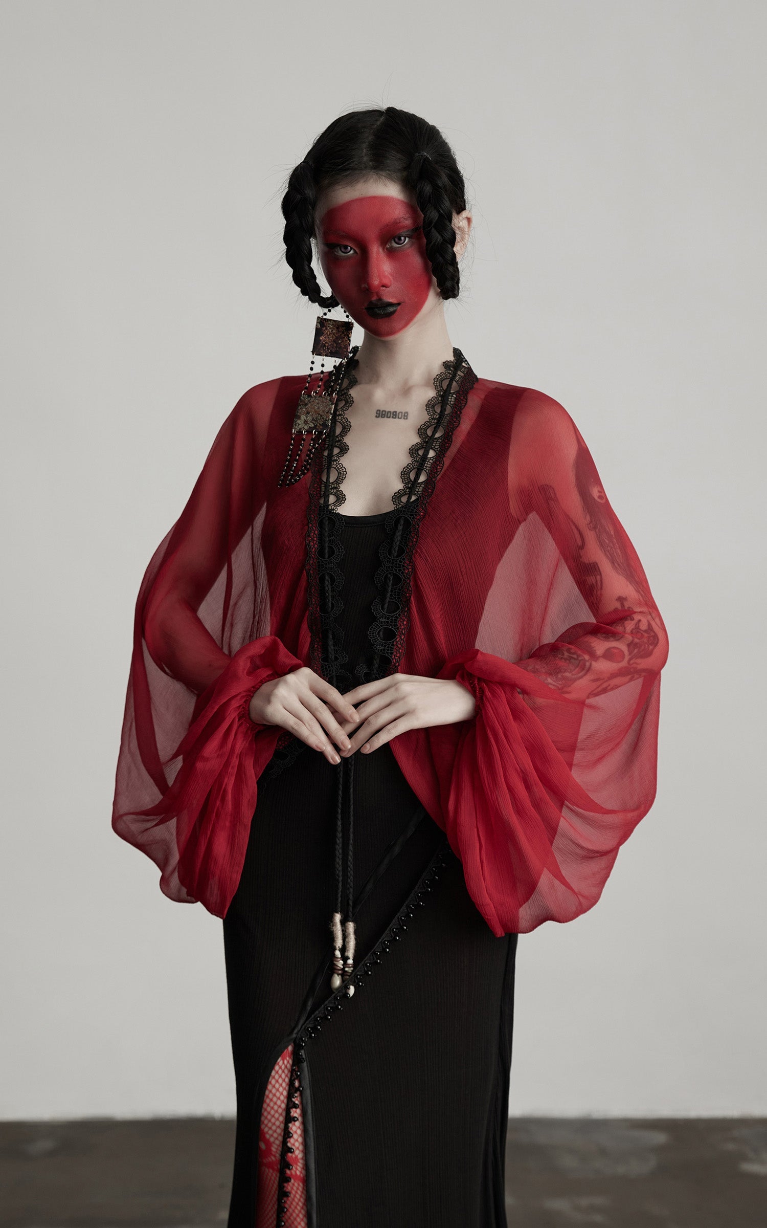 DOINDULGE Crimson Sheer Drape Jacket with Lace Trim and Beaded Tassels