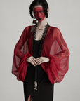 DOINDULGE Crimson Sheer Drape Jacket with Lace Trim and Beaded Tassels