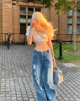 Rase le sol Distressed Wide-Leg Washed Denim Jeans - PINKPARKS