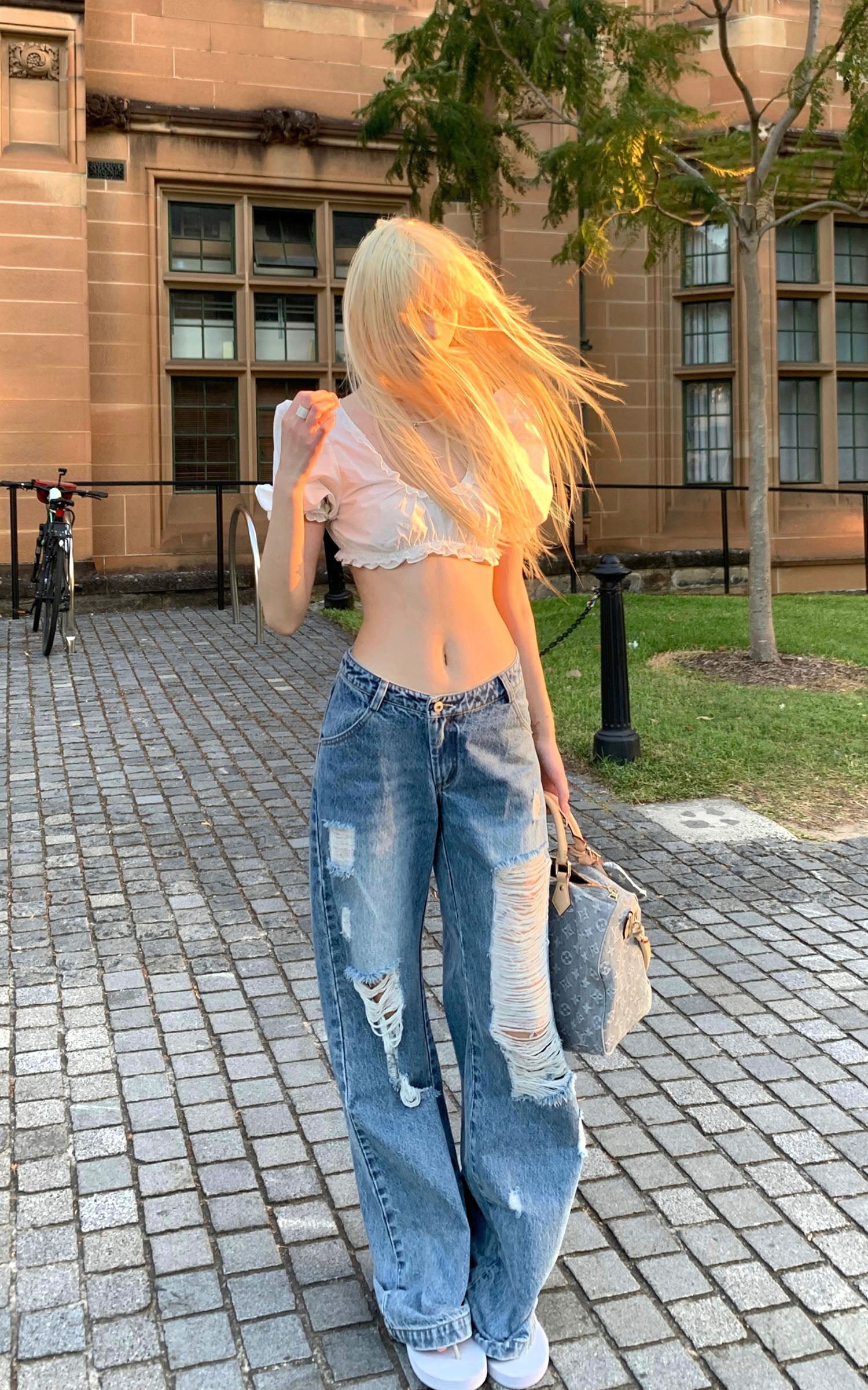 Rase le sol Distressed Wide-Leg Washed Denim Jeans - PINKPARKS