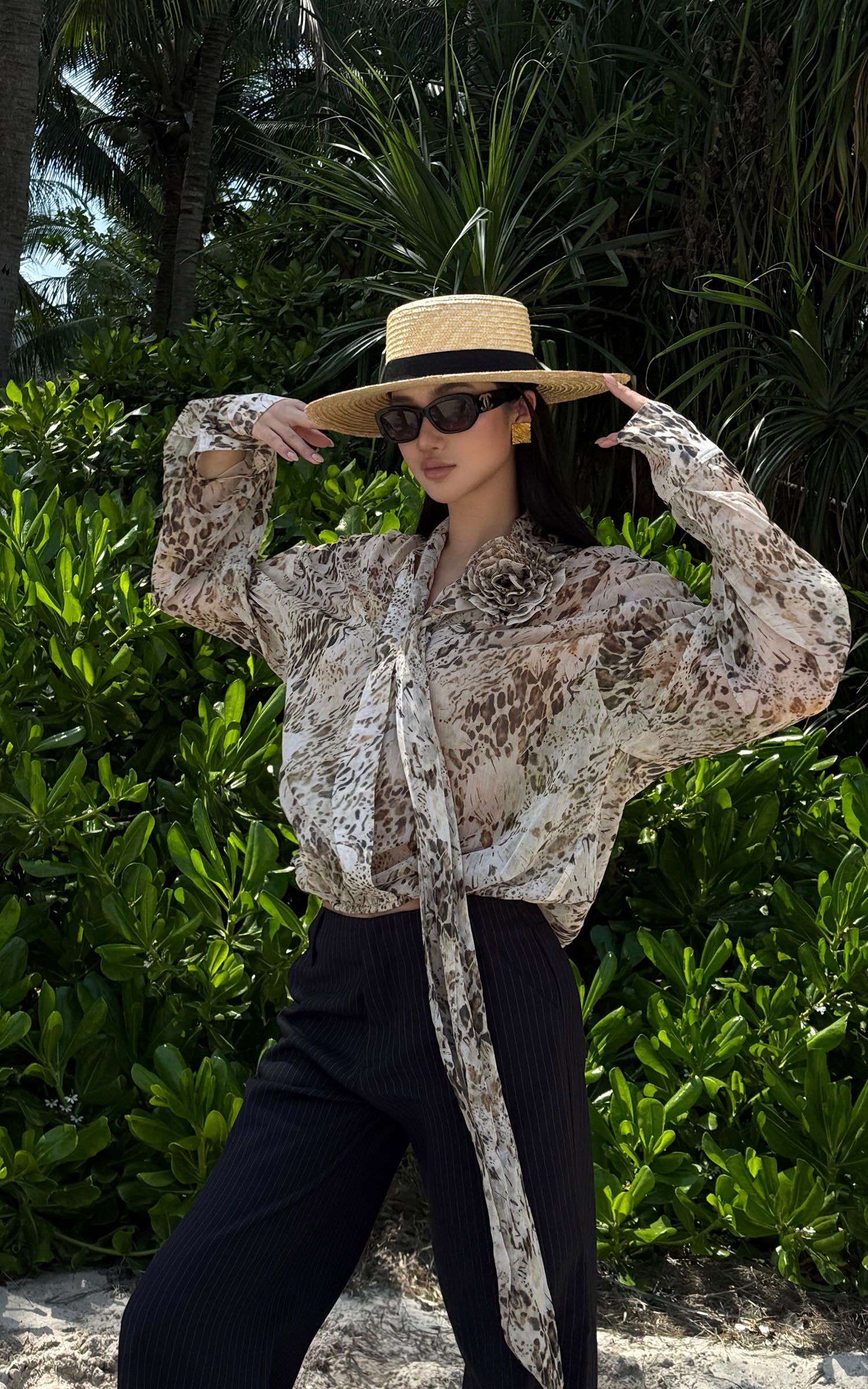 ROVENTE Sheer Leopard Blouse with Draped Tie &amp; Rosette - PINKPARKS