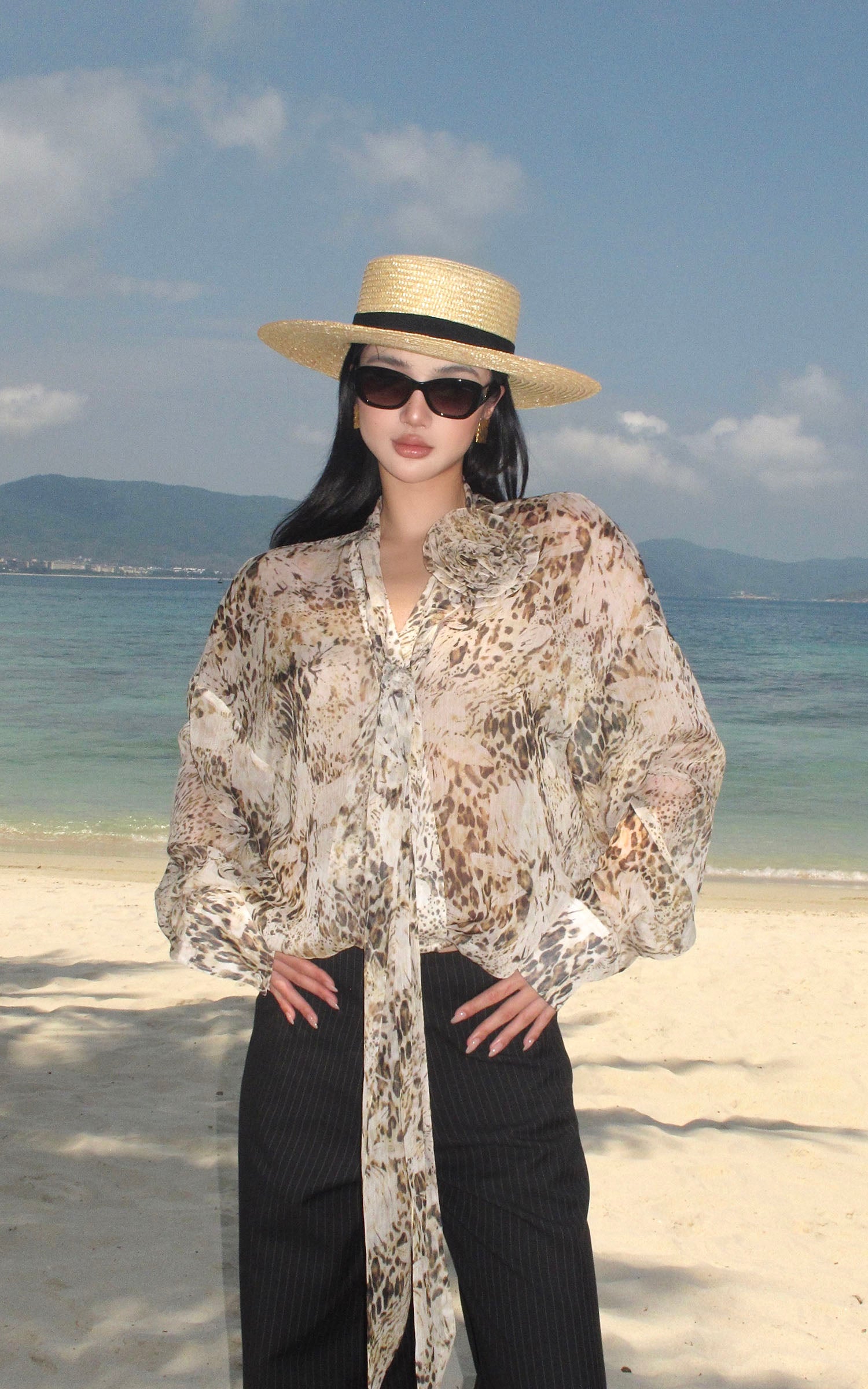 ROVENTE Sheer Leopard Blouse with Draped Tie &amp; Rosette - PINKPARKS