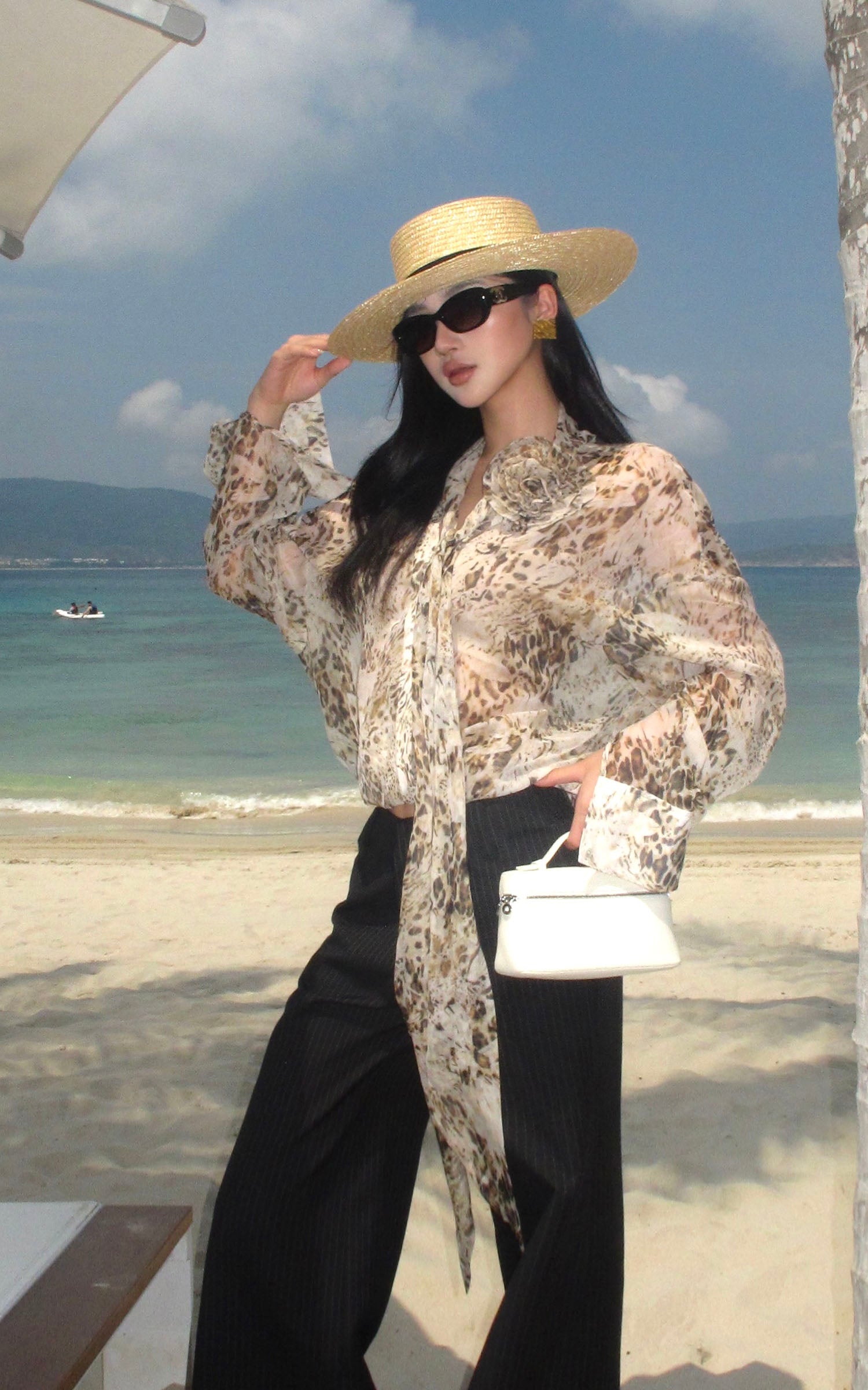 ROVENTE Sheer Leopard Blouse with Draped Tie &amp; Rosette - PINKPARKS