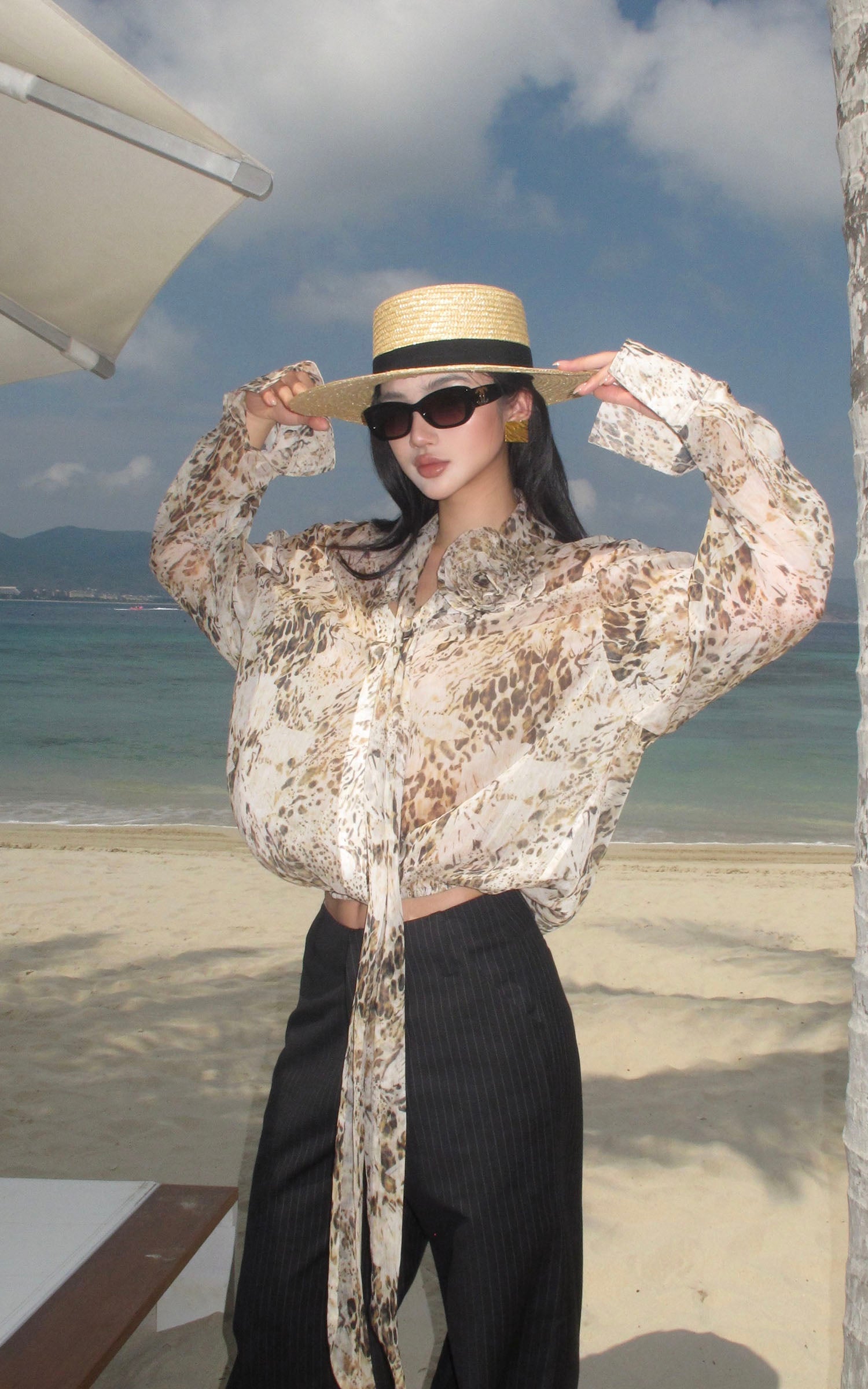 ROVENTE Sheer Leopard Blouse with Draped Tie &amp; Rosette - PINKPARKS