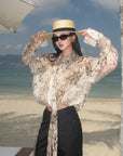 ROVENTE Sheer Leopard Blouse with Draped Tie & Rosette - PINKPARKS