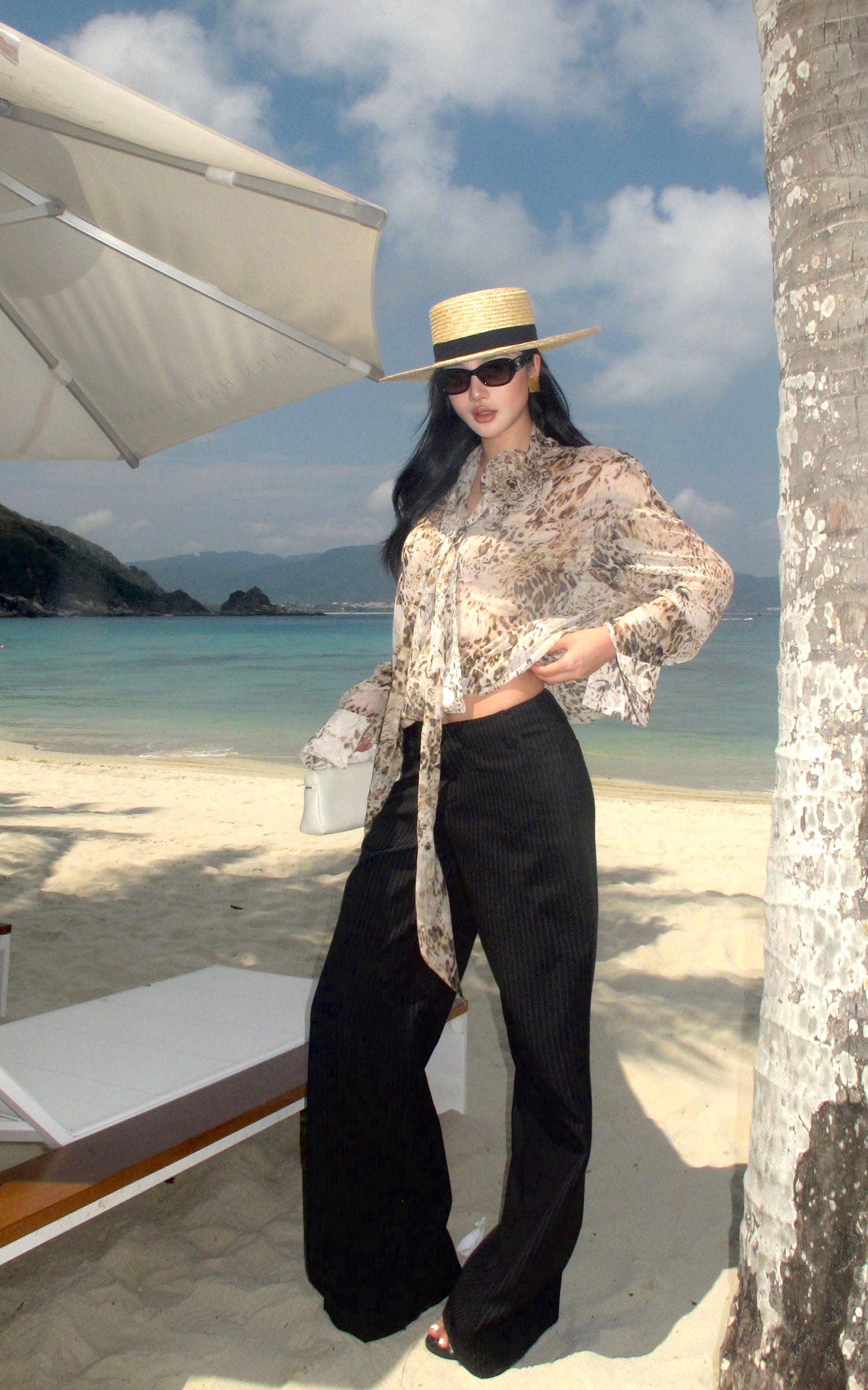 ROVENTE Sheer Leopard Blouse with Draped Tie &amp; Rosette - PINKPARKS