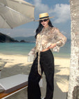 ROVENTE Sheer Leopard Blouse with Draped Tie & Rosette - PINKPARKS