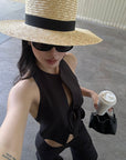ROVENTE Backless Pinstripe Halter Vest with Front Tie in Black - PINKPARKS