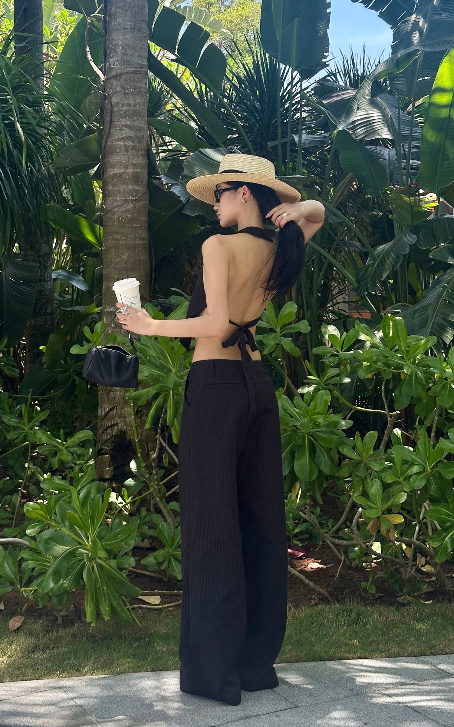 ROVENTE Backless Pinstripe Halter Vest with Front Tie in Black - PINKPARKS
