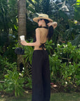 ROVENTE Backless Pinstripe Halter Vest with Front Tie in Black - PINKPARKS