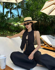 ROVENTE Backless Pinstripe Halter Vest with Front Tie in Black - PINKPARKS