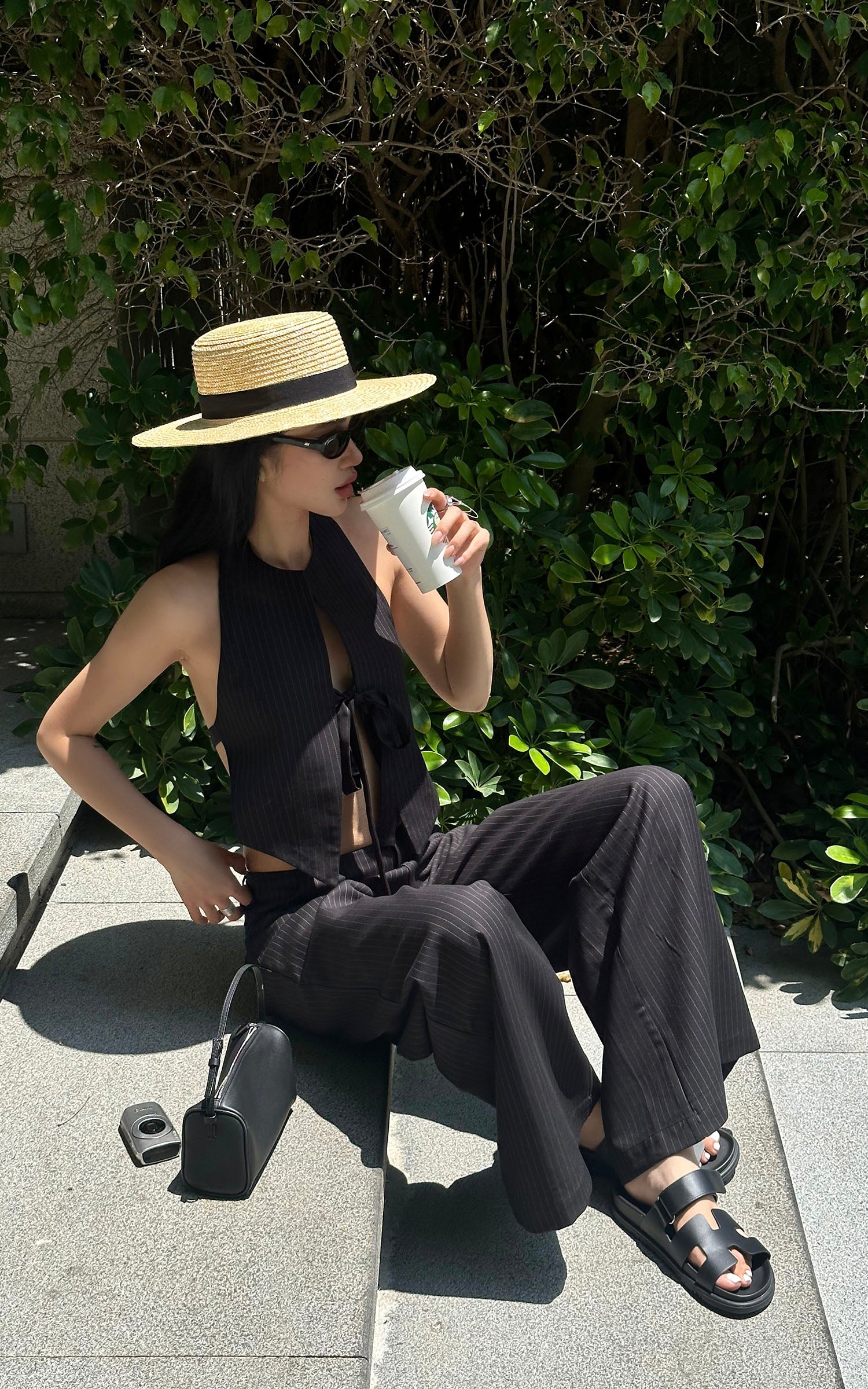 ROVENTE Backless Pinstripe Halter Vest with Front Tie in Black - PINKPARKS