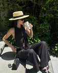 ROVENTE Backless Pinstripe Halter Vest with Front Tie in Black - PINKPARKS