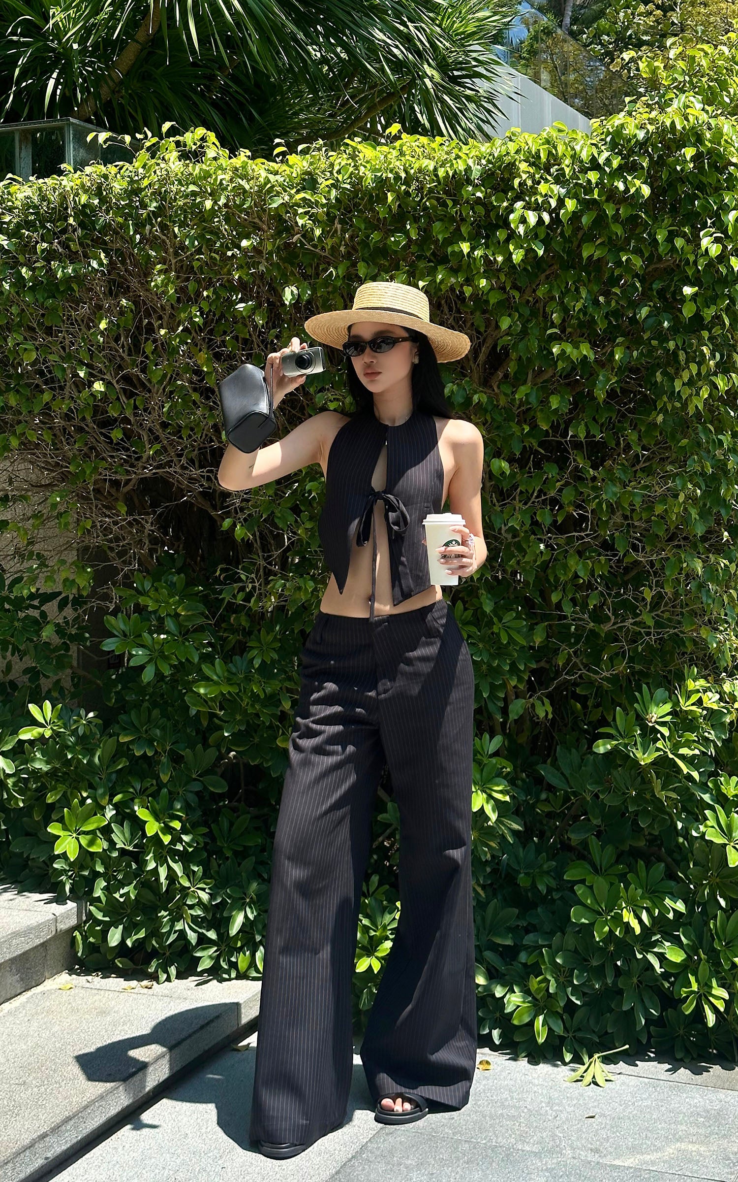 ROVENTE Backless Pinstripe Halter Vest with Front Tie in Black - PINKPARKS