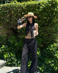 ROVENTE Backless Pinstripe Halter Vest with Front Tie in Black - PINKPARKS