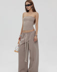 IAMXIAA Strapless Tube Top and Wide Leg Sweatpants Set Casual Streetwear Two Piece Outfit