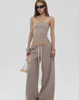 IAMXIAA Strapless Tube Top and Wide Leg Sweatpants Set Casual Streetwear Two Piece Outfit