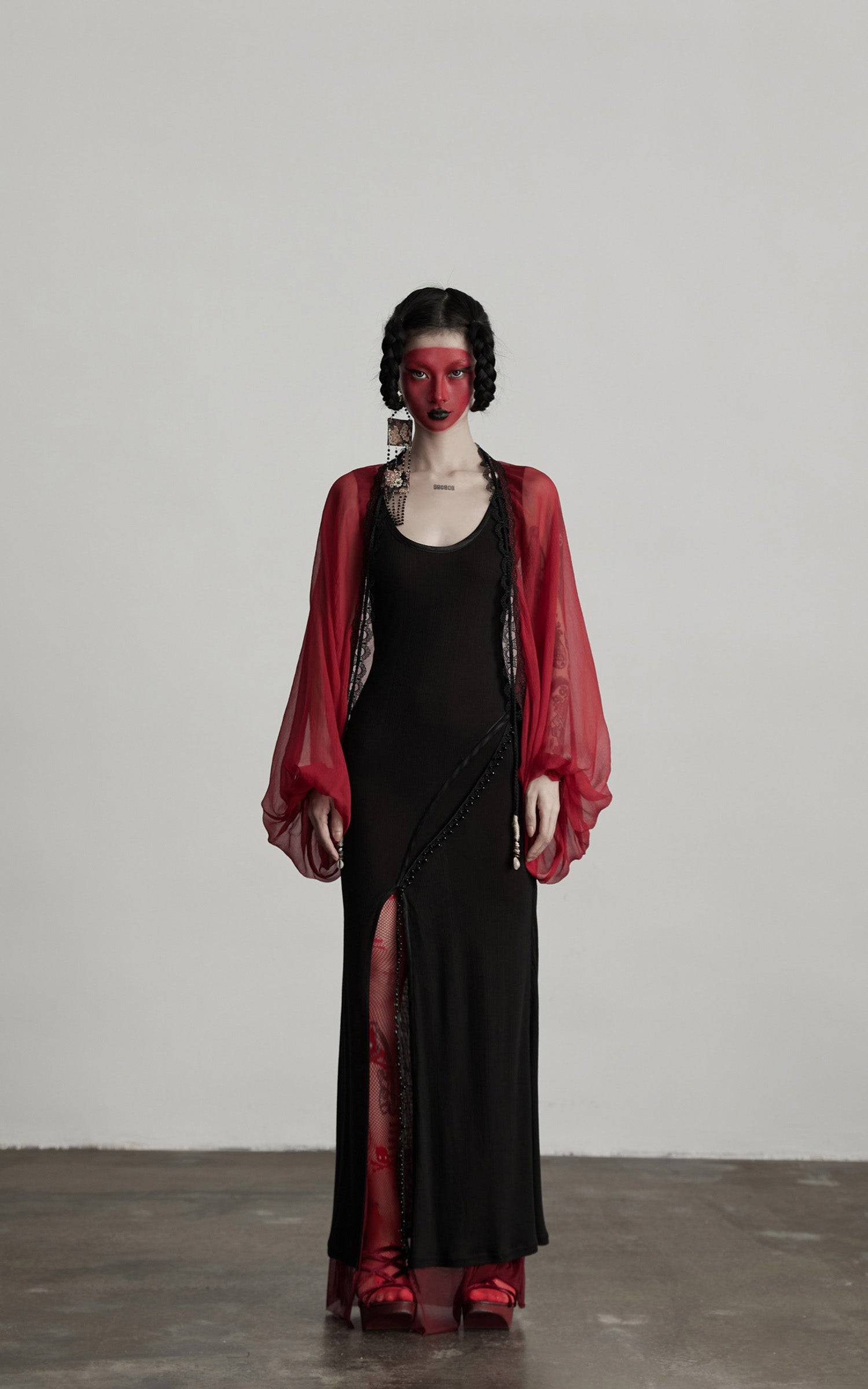 DOINDULGE Crimson Sheer Drape Jacket with Lace Trim and Beaded Tassels
