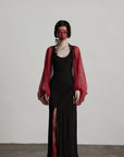 DOINDULGE Crimson Sheer Drape Jacket with Lace Trim and Beaded Tassels