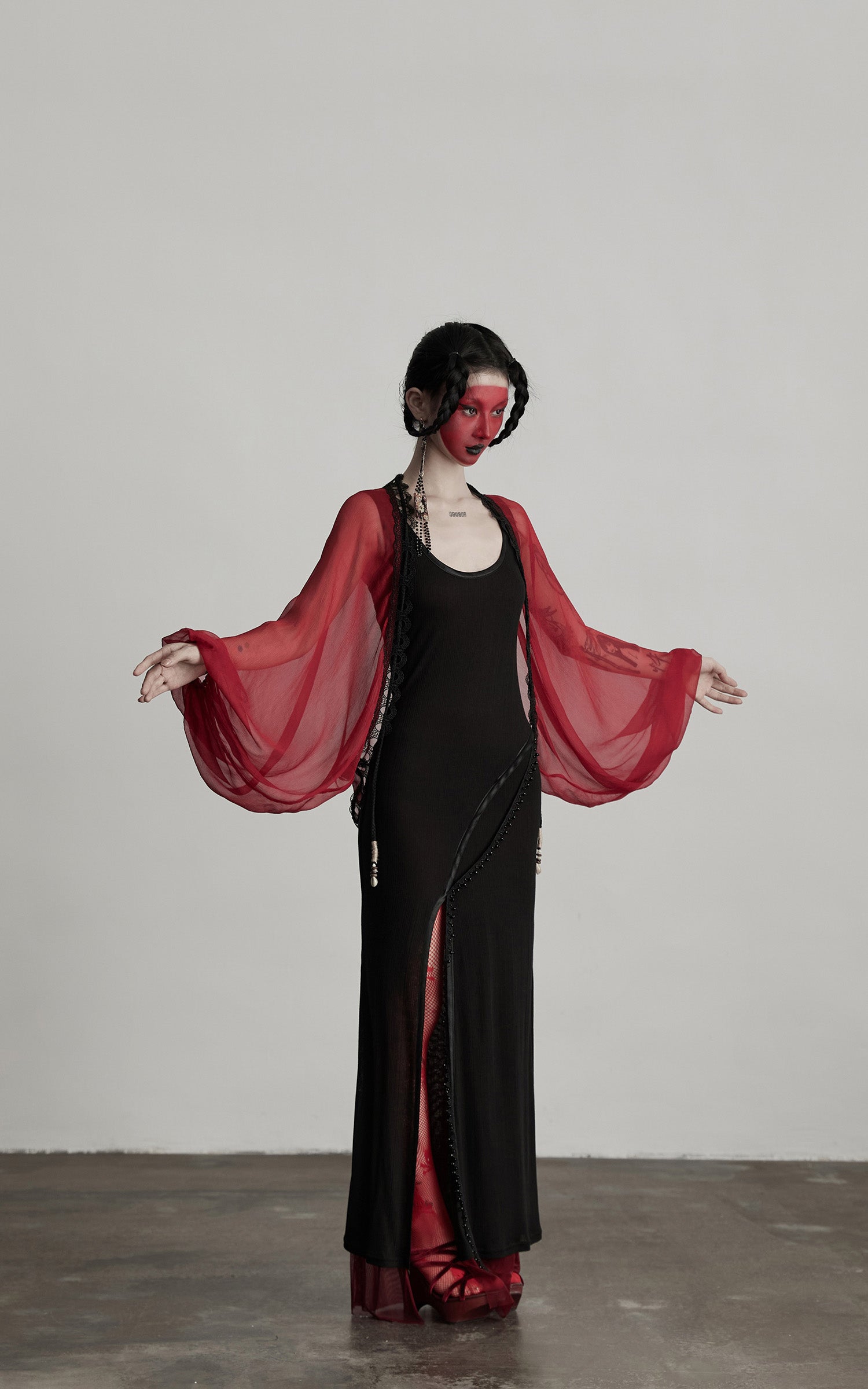 DOINDULGE Crimson Sheer Drape Jacket with Lace Trim and Beaded Tassels