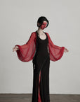 DOINDULGE Crimson Sheer Drape Jacket with Lace Trim and Beaded Tassels