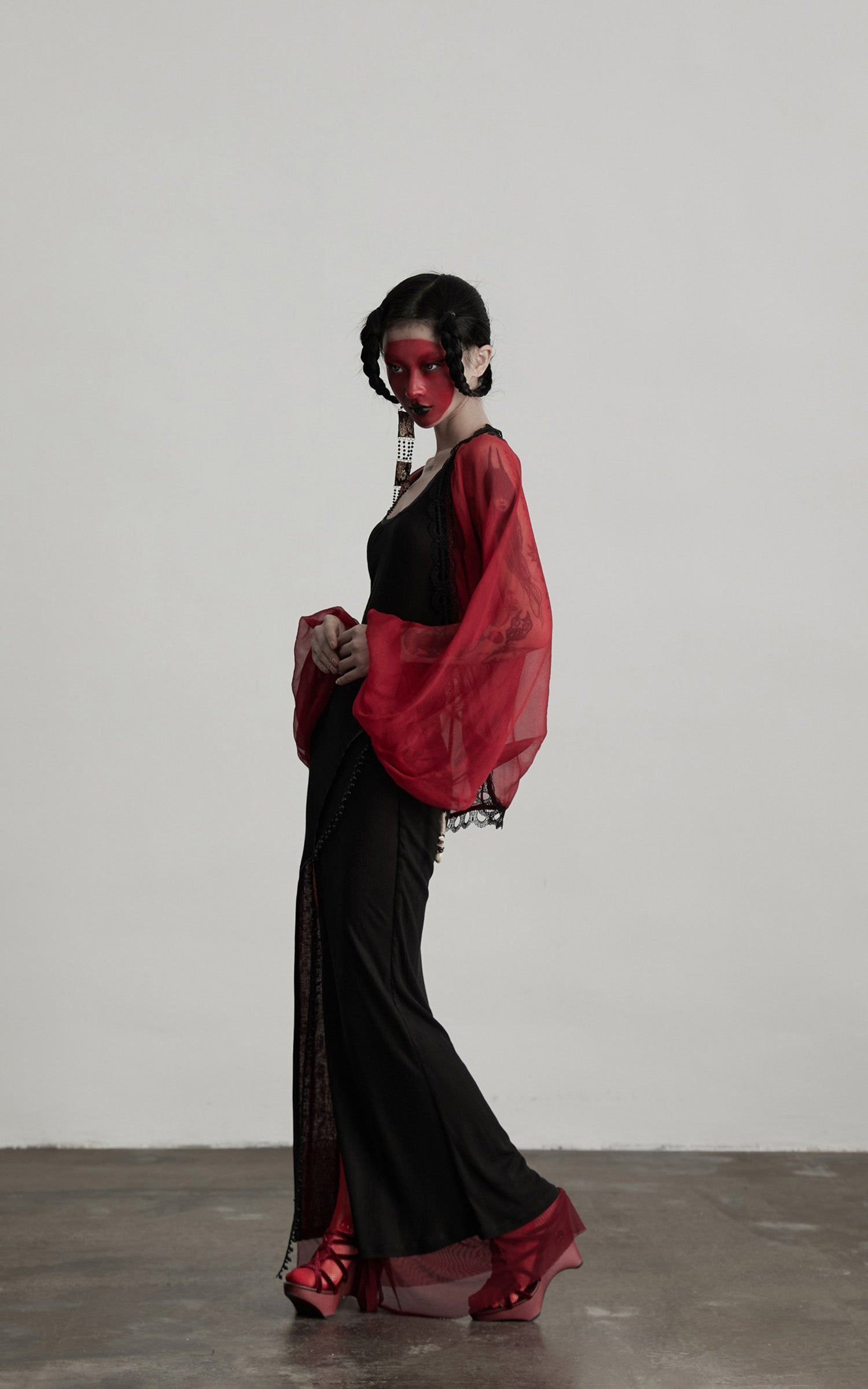 DOINDULGE Crimson Sheer Drape Jacket with Lace Trim and Beaded Tassels