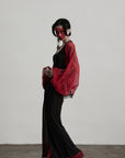 DOINDULGE Crimson Sheer Drape Jacket with Lace Trim and Beaded Tassels