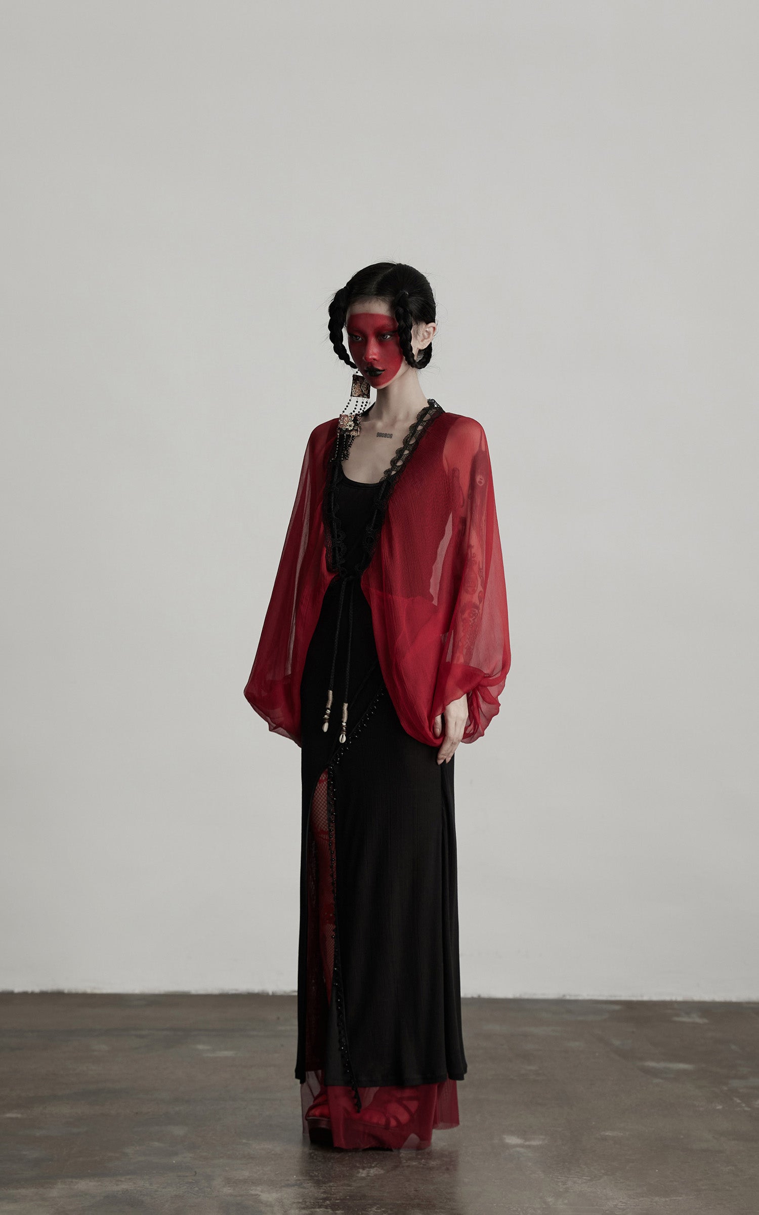 DOINDULGE Crimson Sheer Drape Jacket with Lace Trim and Beaded Tassels