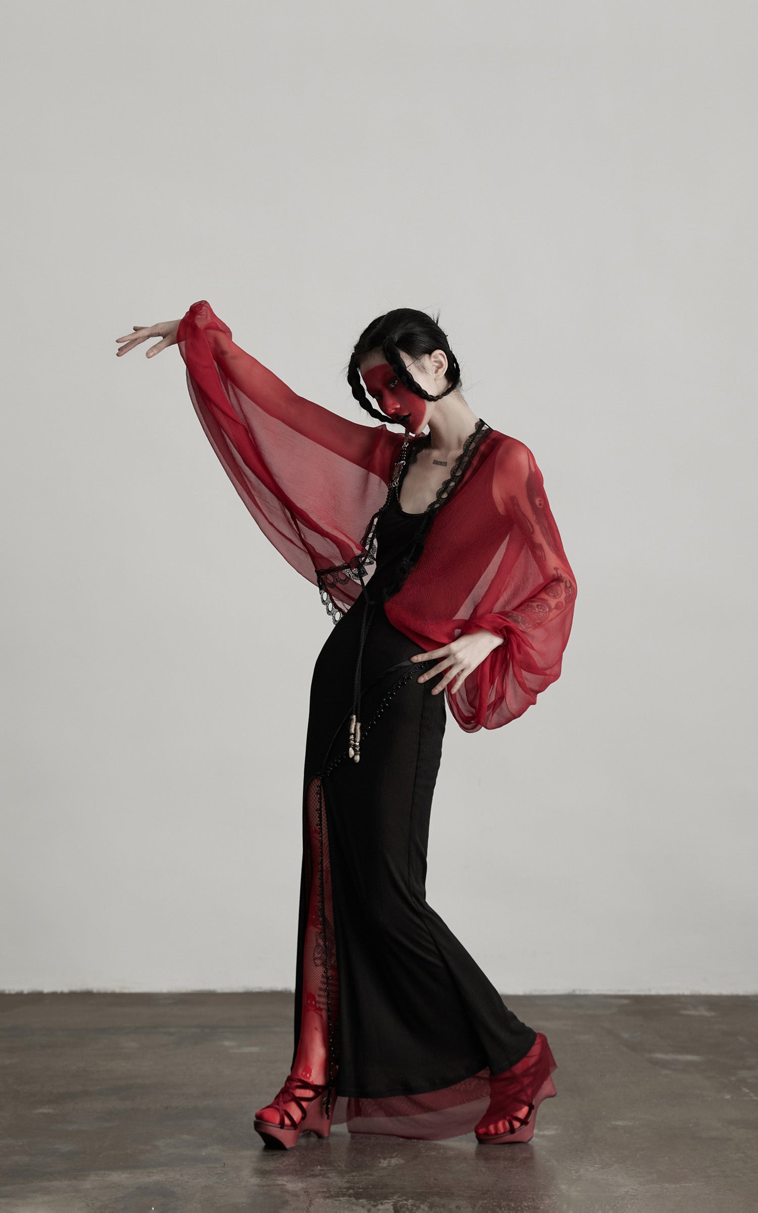 DOINDULGE Crimson Sheer Drape Jacket with Lace Trim and Beaded Tassels