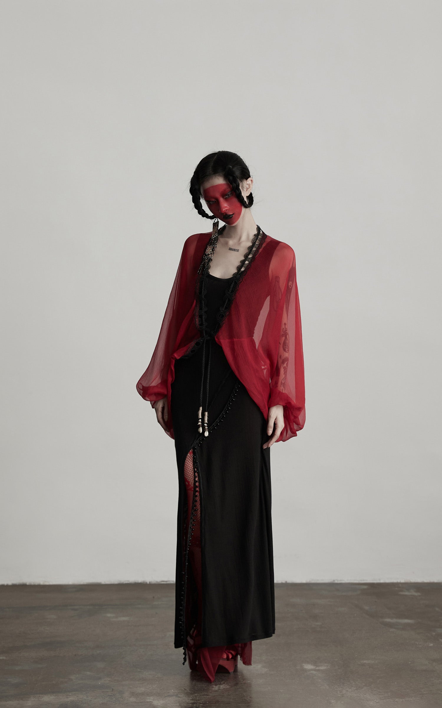DOINDULGE Crimson Sheer Drape Jacket with Lace Trim and Beaded Tassels