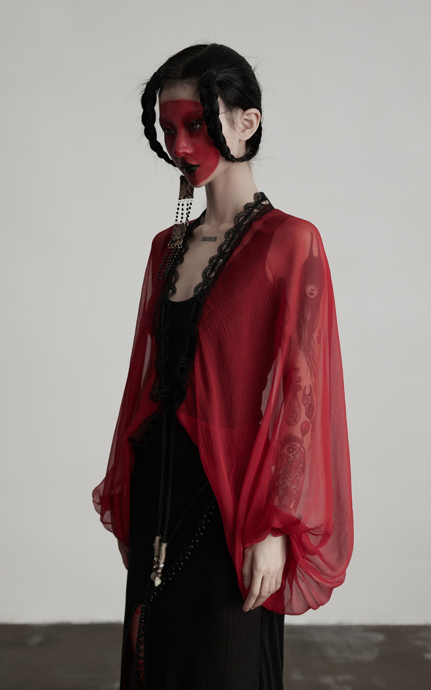 DOINDULGE Crimson Sheer Drape Jacket with Lace Trim and Beaded Tassels