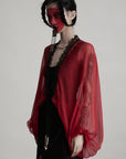 DOINDULGE Crimson Sheer Drape Jacket with Lace Trim and Beaded Tassels