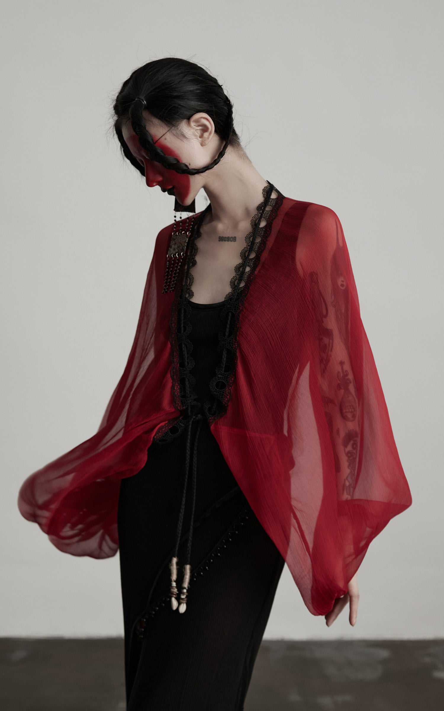 DOINDULGE Crimson Sheer Drape Jacket with Lace Trim and Beaded Tassels